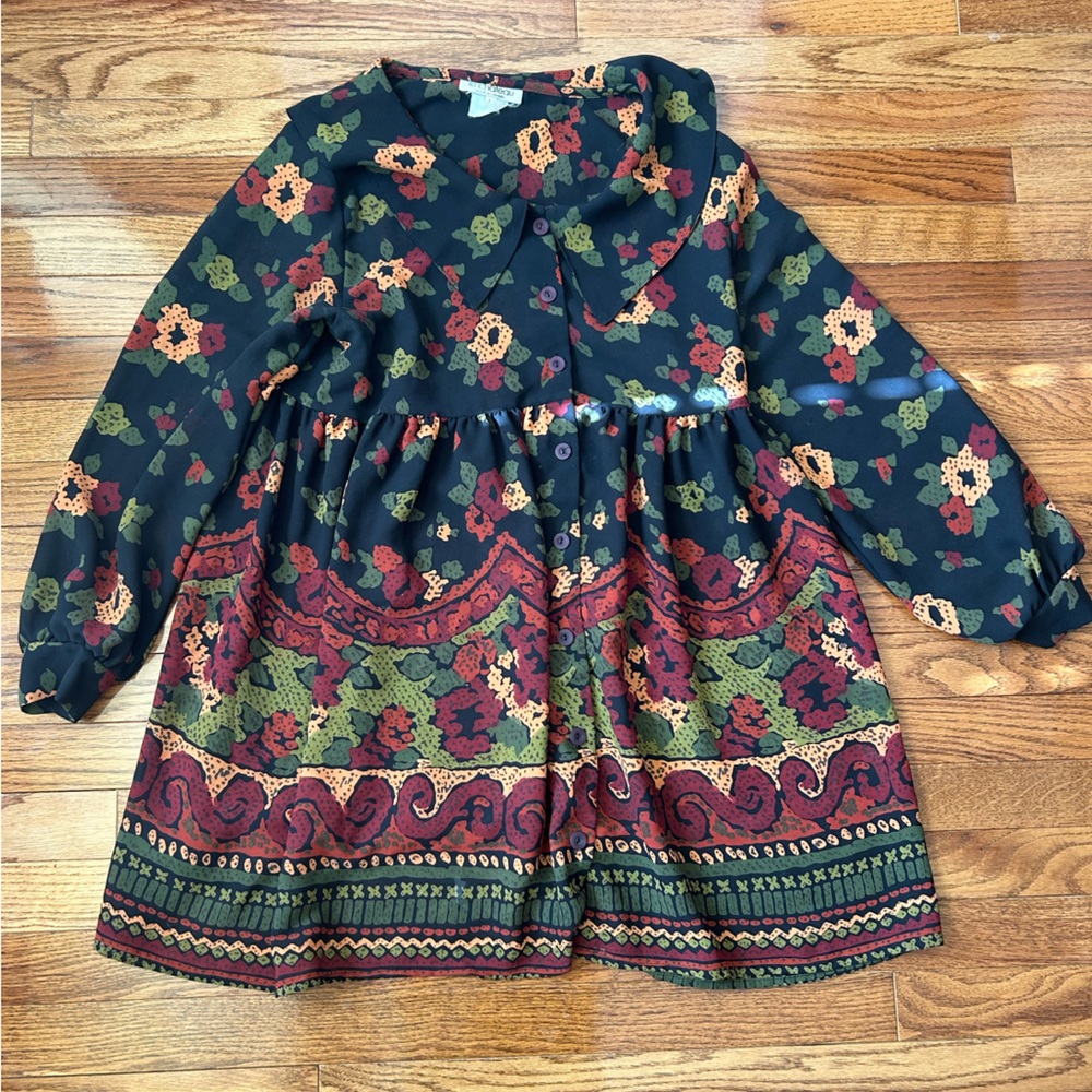 Vintage Le Château Long-Sleeved Patterned Babydoll Mini Dress